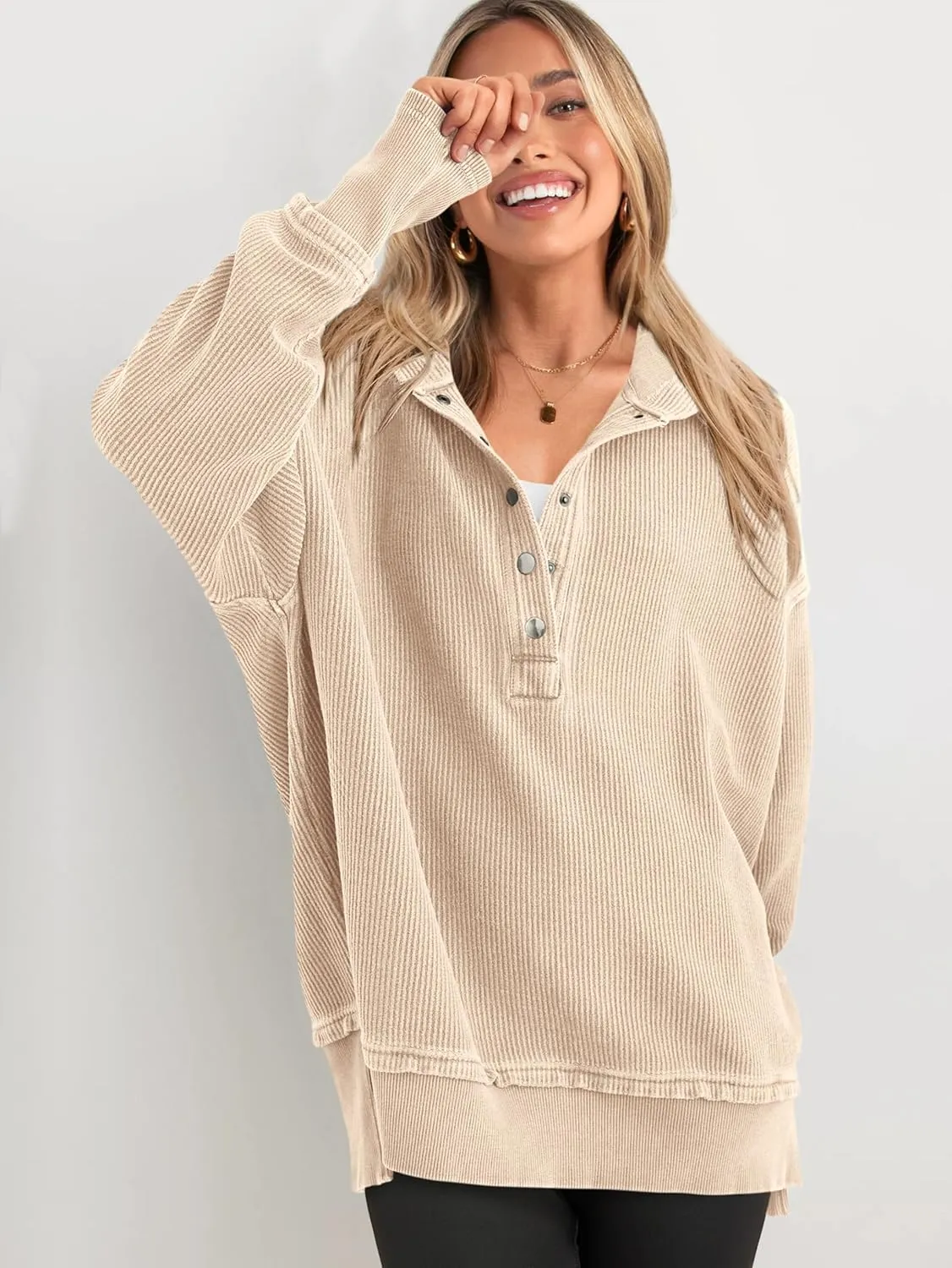 PRETTYGARDEN Womens Fashion 2025 Long Sleeve Hoodie Oversized Button Up V Neck Sweatshirt Side Slit Casual Pullover Tops