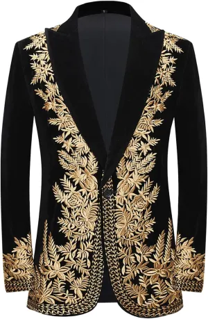 Pyiujtr Men's Floral Embroidered Slim Fit One Button Suit Jacket Blazer Peak Lapel for Party Wedding Banquet Prom