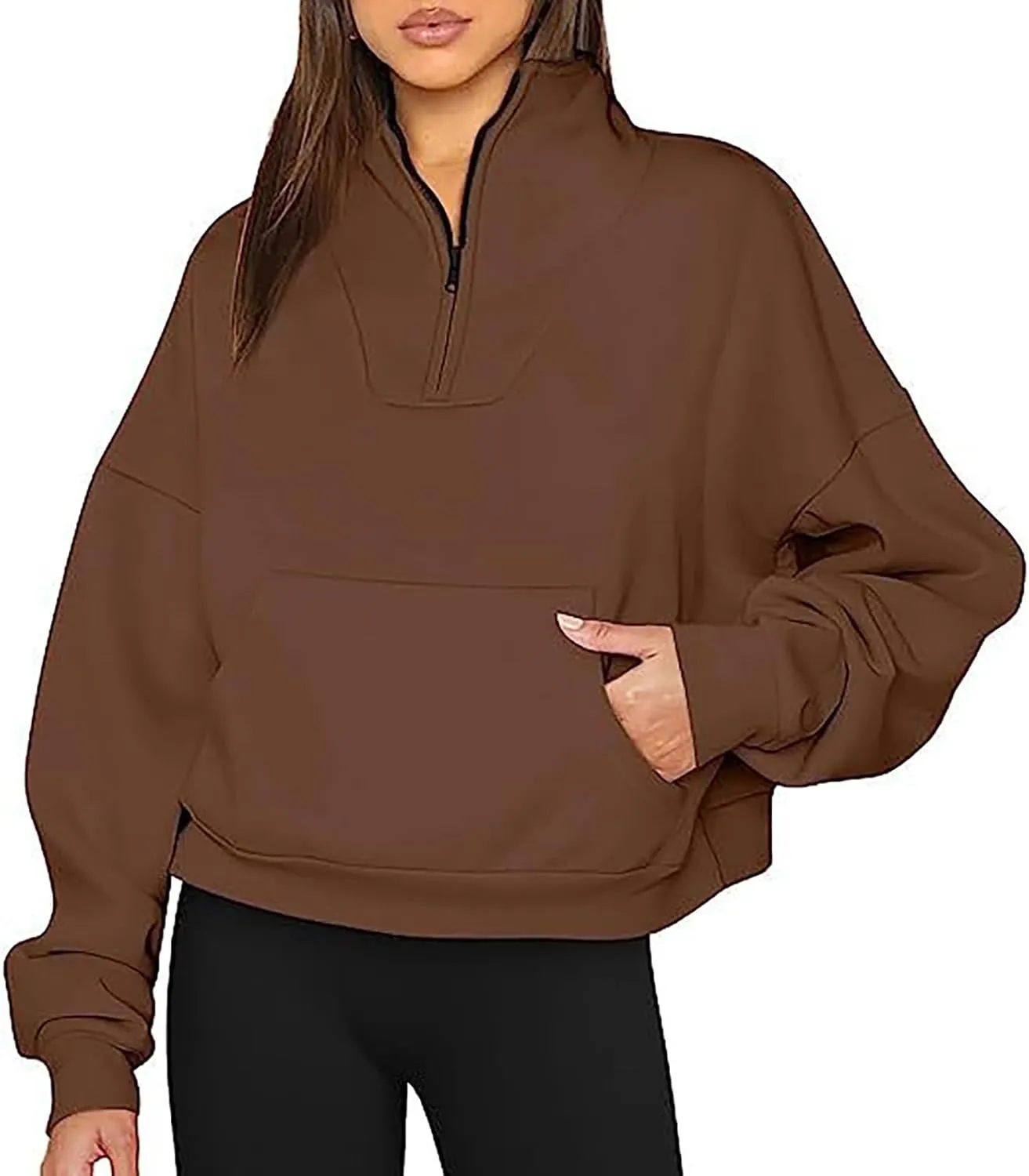 Quarter Zip Pullover Women Solid Color Long Sleeve Sweatshirts Cropped Tops with Pocket 2024 Fall Outfits