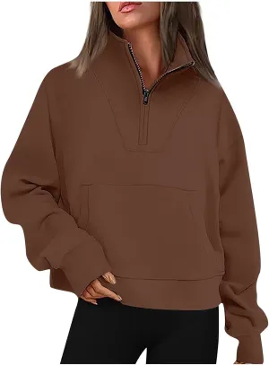 Quarter Zip Pullover Women Solid Color Long Sleeve Sweatshirts Cropped Tops with Pocket 2024 Fall Outfits