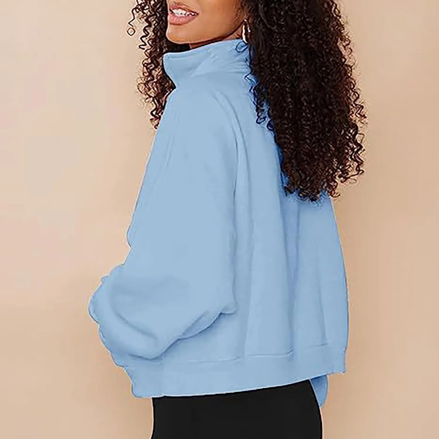 Quarter Zip Pullover Women Solid Color Long Sleeve Sweatshirts Cropped Tops with Pocket 2024 Fall Outfits