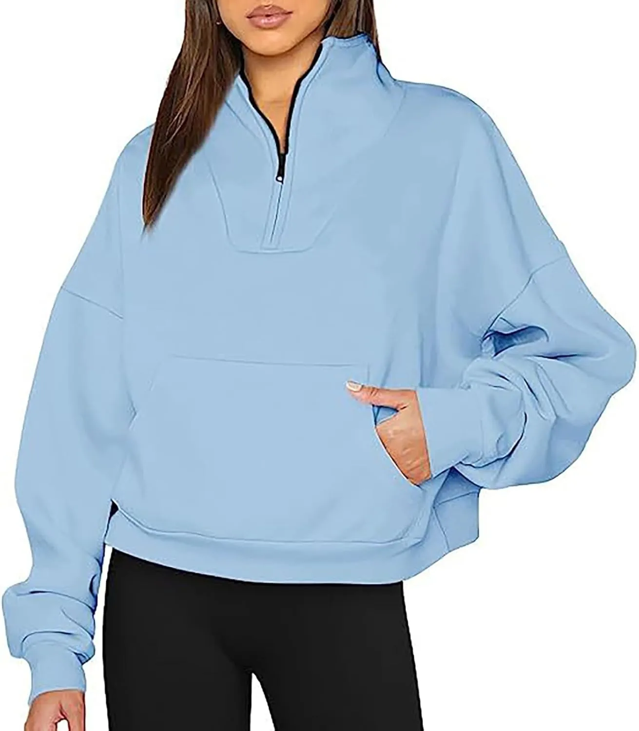 Quarter Zip Pullover Women Solid Color Long Sleeve Sweatshirts Cropped Tops with Pocket 2024 Fall Outfits