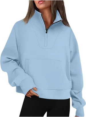 Quarter Zip Pullover Women Solid Color Long Sleeve Sweatshirts Cropped Tops with Pocket 2024 Fall Outfits