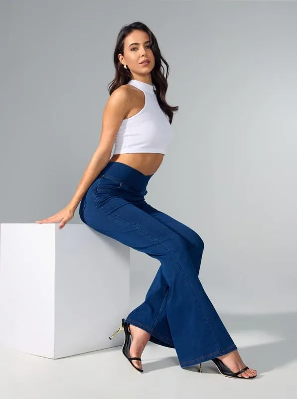 Rammus Flare Jeans for Women Crossover High Waisted Bell Bottom Jeans Trendy Yoga Pants Stretchy Flare Leggings with Pockets