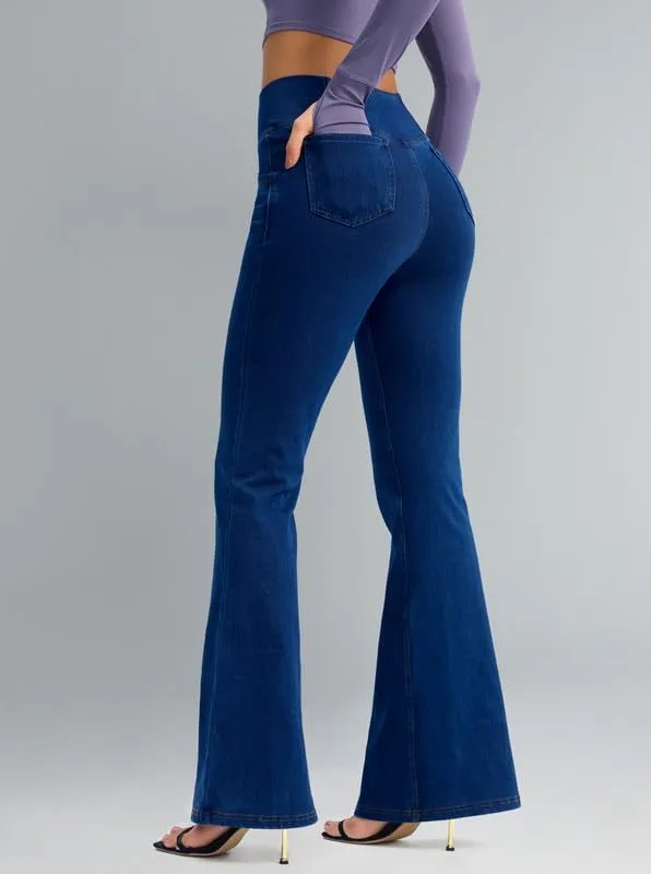 Rammus Flare Jeans for Women Crossover High Waisted Bell Bottom Jeans Trendy Yoga Pants Stretchy Flare Leggings with Pockets