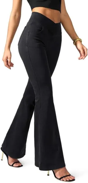 Rammus Flare Jeans for Women Crossover High Waisted Bell Bottom Jeans Trendy Yoga Pants Stretchy Flare Leggings with Pockets