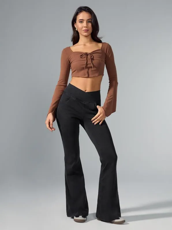 Rammus Flare Jeans for Women Crossover High Waisted Bell Bottom Jeans Trendy Yoga Pants Stretchy Flare Leggings with Pockets