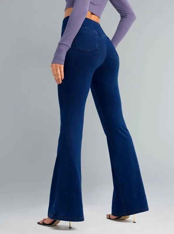 Rammus Flare Jeans for Women Crossover High Waisted Bell Bottom Jeans Trendy Yoga Pants Stretchy Flare Leggings with Pockets