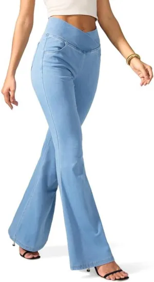 Rammus Flare Jeans for Women Crossover High Waisted Bell Bottom Jeans Trendy Yoga Pants Stretchy Flare Leggings with Pockets