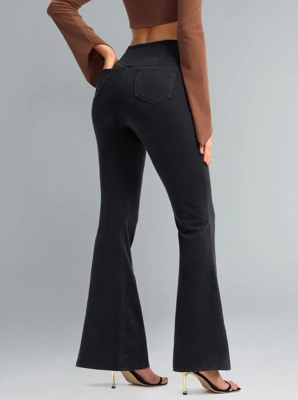 Rammus Flare Jeans for Women Crossover High Waisted Bell Bottom Jeans Trendy Yoga Pants Stretchy Flare Leggings with Pockets