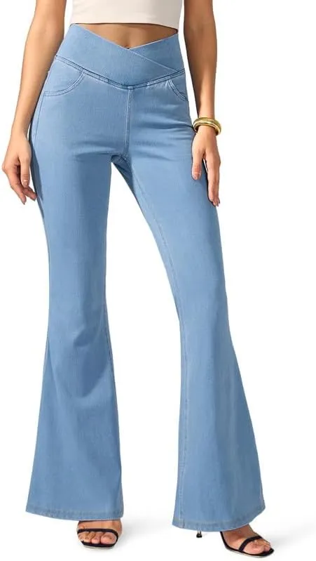 Rammus Flare Jeans for Women Crossover High Waisted Bell Bottom Jeans Trendy Yoga Pants Stretchy Flare Leggings with Pockets