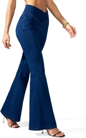 Rammus Flare Jeans for Women Crossover High Waisted Bell Bottom Jeans Trendy Yoga Pants Stretchy Flare Leggings with Pockets