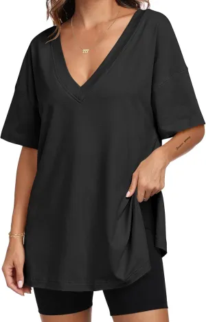Remidoo Womens Casual V Neck Short Sleeve Oversized T Shirt Summer Basic Loose Top