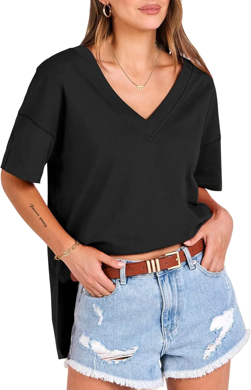 Remidoo Womens Casual V Neck Short Sleeve Oversized T Shirt Summer Basic Loose Top