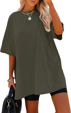 Remidoo Women's Oversized T Shirt Crewneck Solid Short Sleeve Baggy Cotton Tees