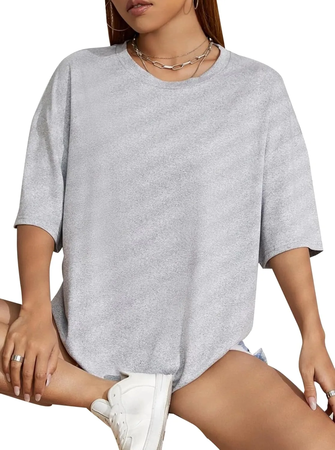 Remidoo Women's Oversized T Shirt Crewneck Solid Short Sleeve Baggy Cotton Tees