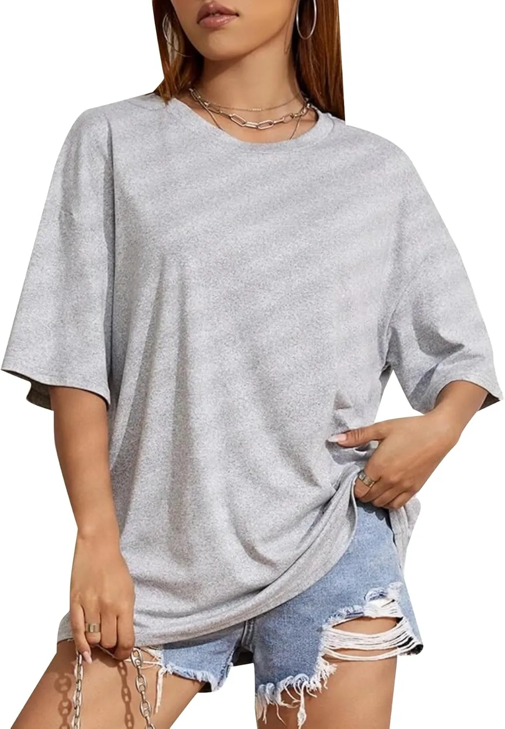 Remidoo Women's Oversized T Shirt Crewneck Solid Short Sleeve Baggy Cotton Tees