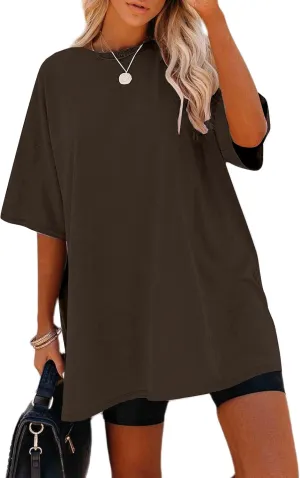 Remidoo Women's Oversized T Shirt Crewneck Solid Short Sleeve Baggy Cotton Tees