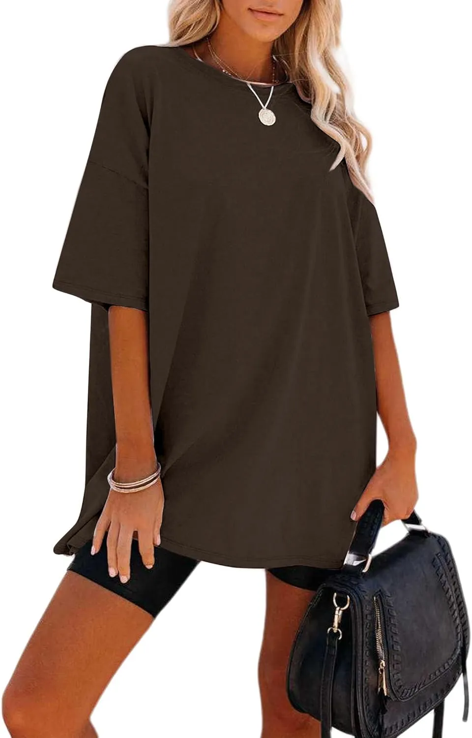 Remidoo Women's Oversized T Shirt Crewneck Solid Short Sleeve Baggy Cotton Tees
