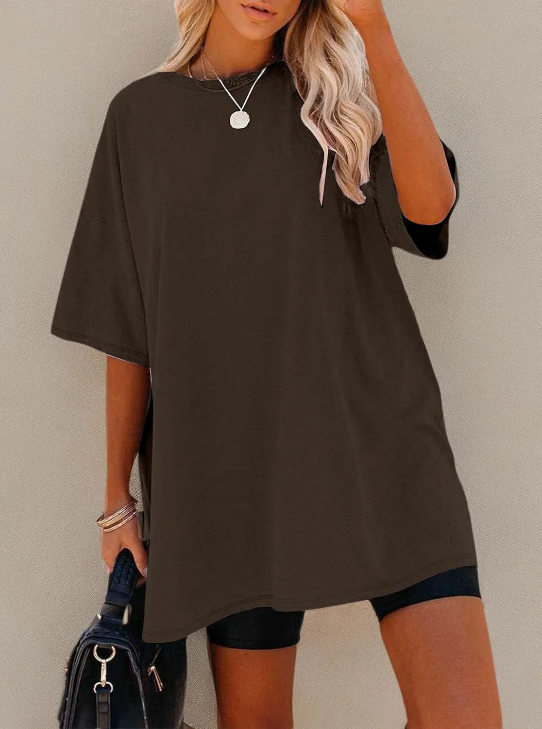 Remidoo Women's Oversized T Shirt Crewneck Solid Short Sleeve Baggy Cotton Tees