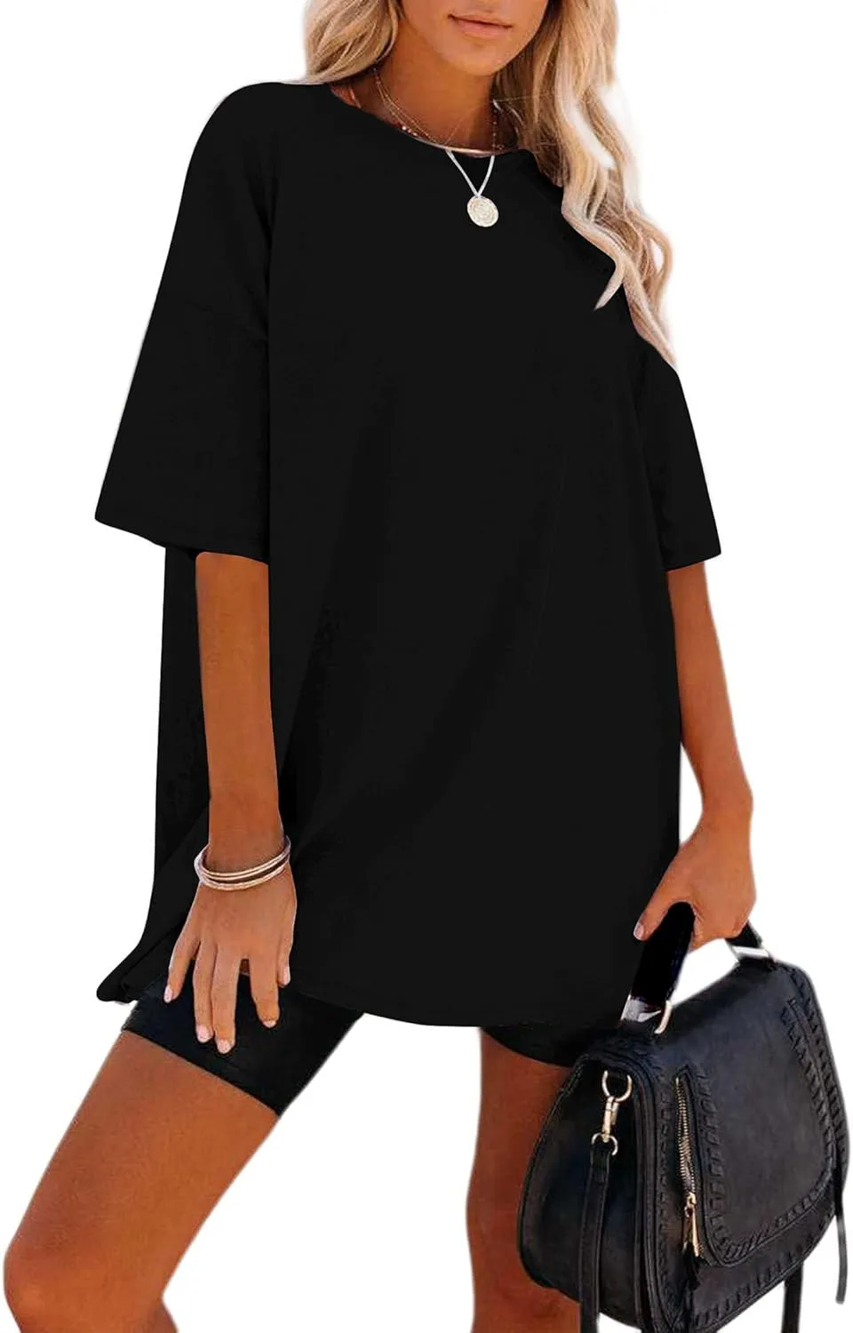 Remidoo Women's Oversized T Shirt Crewneck Solid Short Sleeve Baggy Cotton Tees