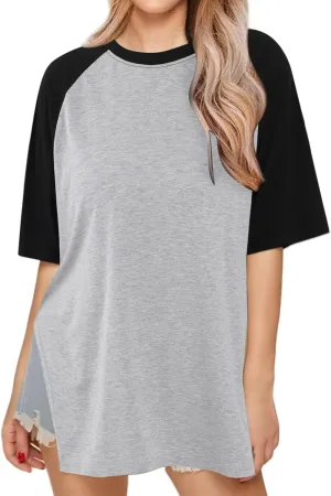 Remidoo Womens Oversized Tee Side Split Short Sleeve T Shirt Solid Crew Neck Loose Top