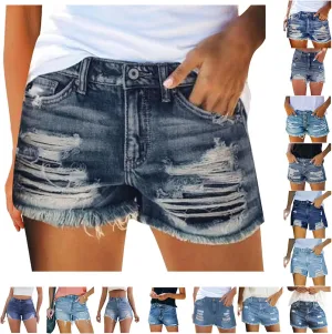 Ripped Jean Shorts Womens High Waisted Summer Casual Frayed Raw Hem Distressed Denim Short Comfy Pull On Hot Shorts