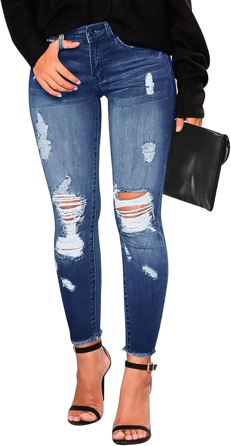 Ripped Jeans Womens Fall Fashion 2024 Trendy Winter Skinny Jeans High Waisted Tummy Control Jeggings Denim Leggings