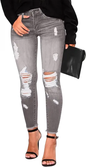Ripped Jeans Womens Fall Fashion 2024 Trendy Winter Skinny Jeans High Waisted Tummy Control Jeggings Denim Leggings
