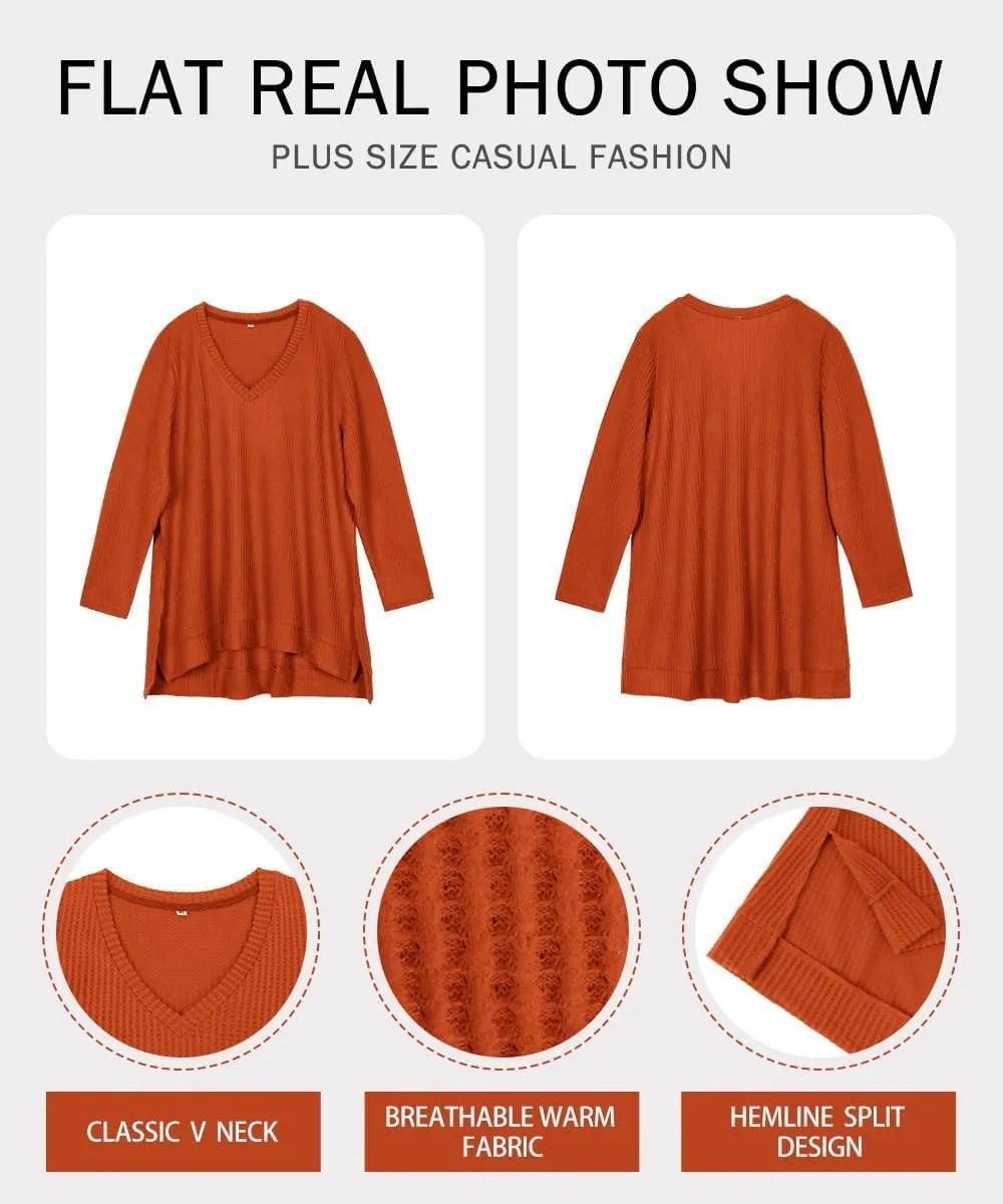 RITERA Plus Size Women Sweaters Waffle Knit Pullover Top Long Sleeve Casual Crewneck Shirt Loose Split Hem Fall Winter Blouse