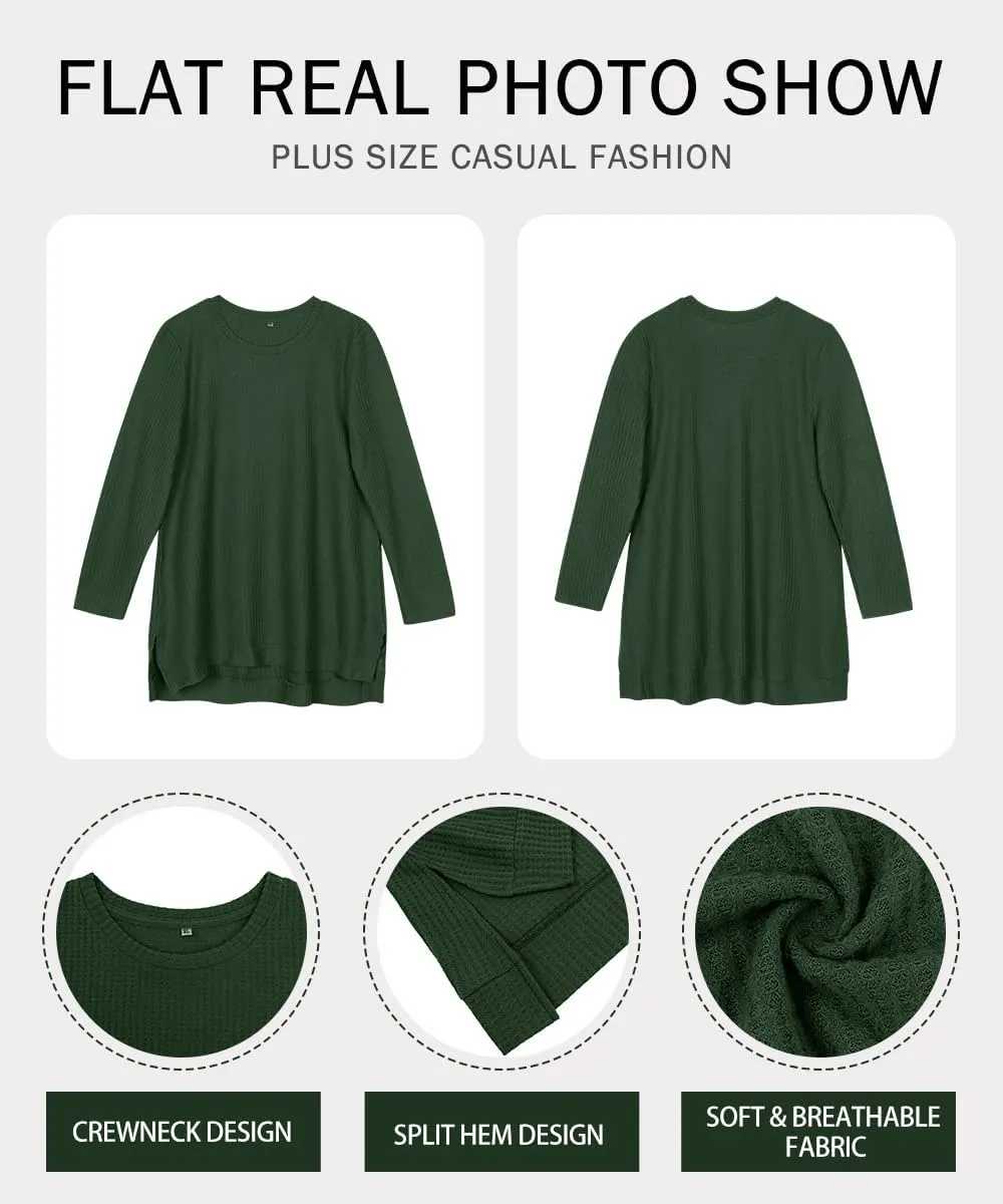 RITERA Plus Size Women Sweaters Waffle Knit Pullover Top Long Sleeve Casual Crewneck Shirt Loose Split Hem Fall Winter Blouse