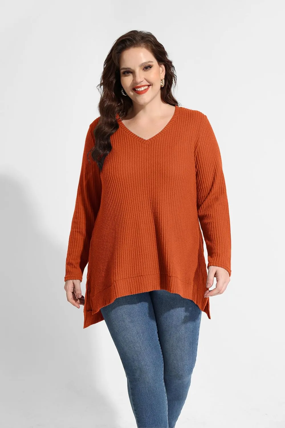 RITERA Plus Size Women Sweaters Waffle Knit Pullover Top Long Sleeve Casual Crewneck Shirt Loose Split Hem Fall Winter Blouse