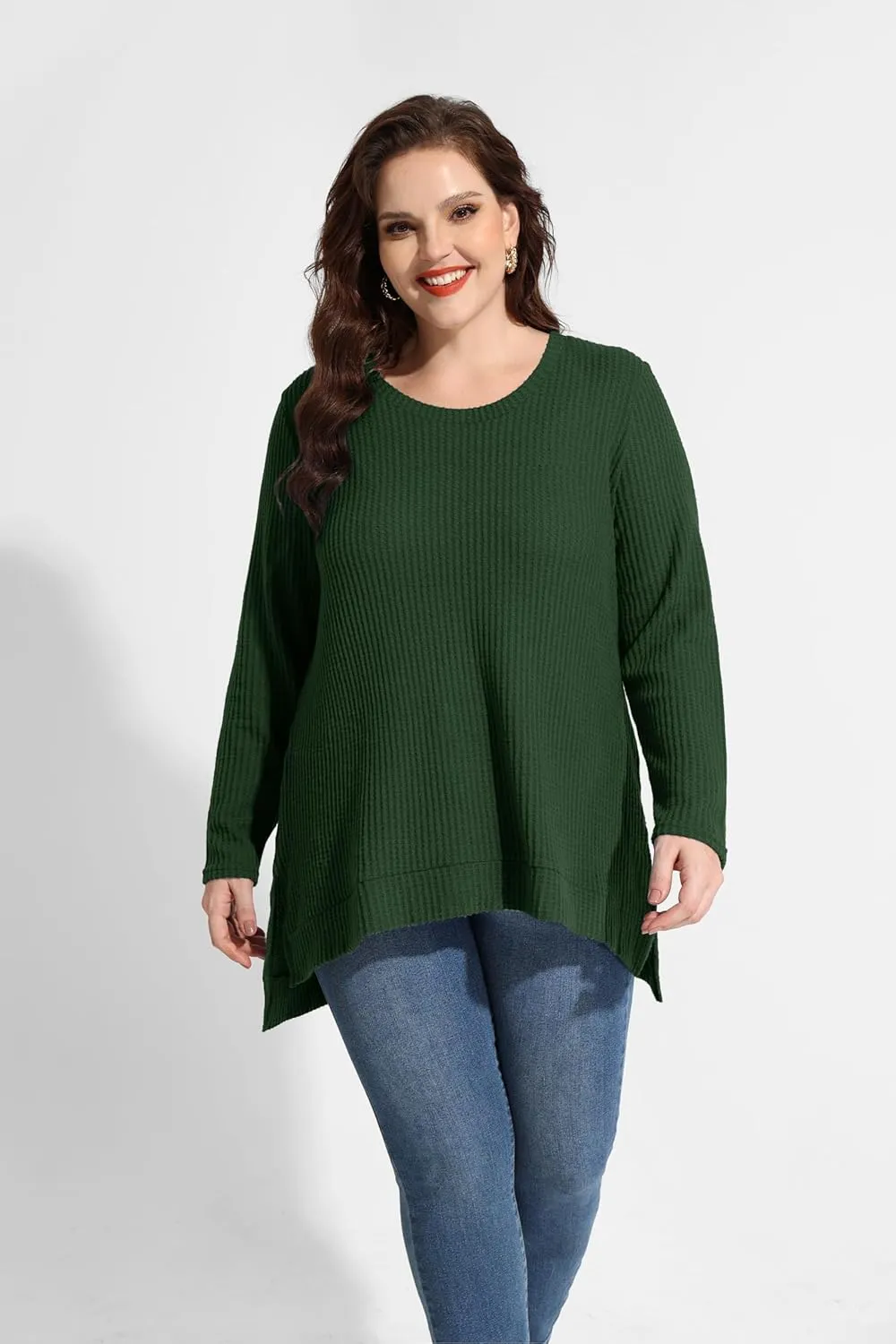RITERA Plus Size Women Sweaters Waffle Knit Pullover Top Long Sleeve Casual Crewneck Shirt Loose Split Hem Fall Winter Blouse