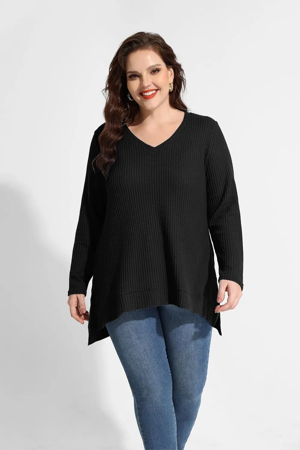 RITERA Plus Size Women Sweaters Waffle Knit Pullover Top Long Sleeve Casual Crewneck Shirt Loose Split Hem Fall Winter Blouse