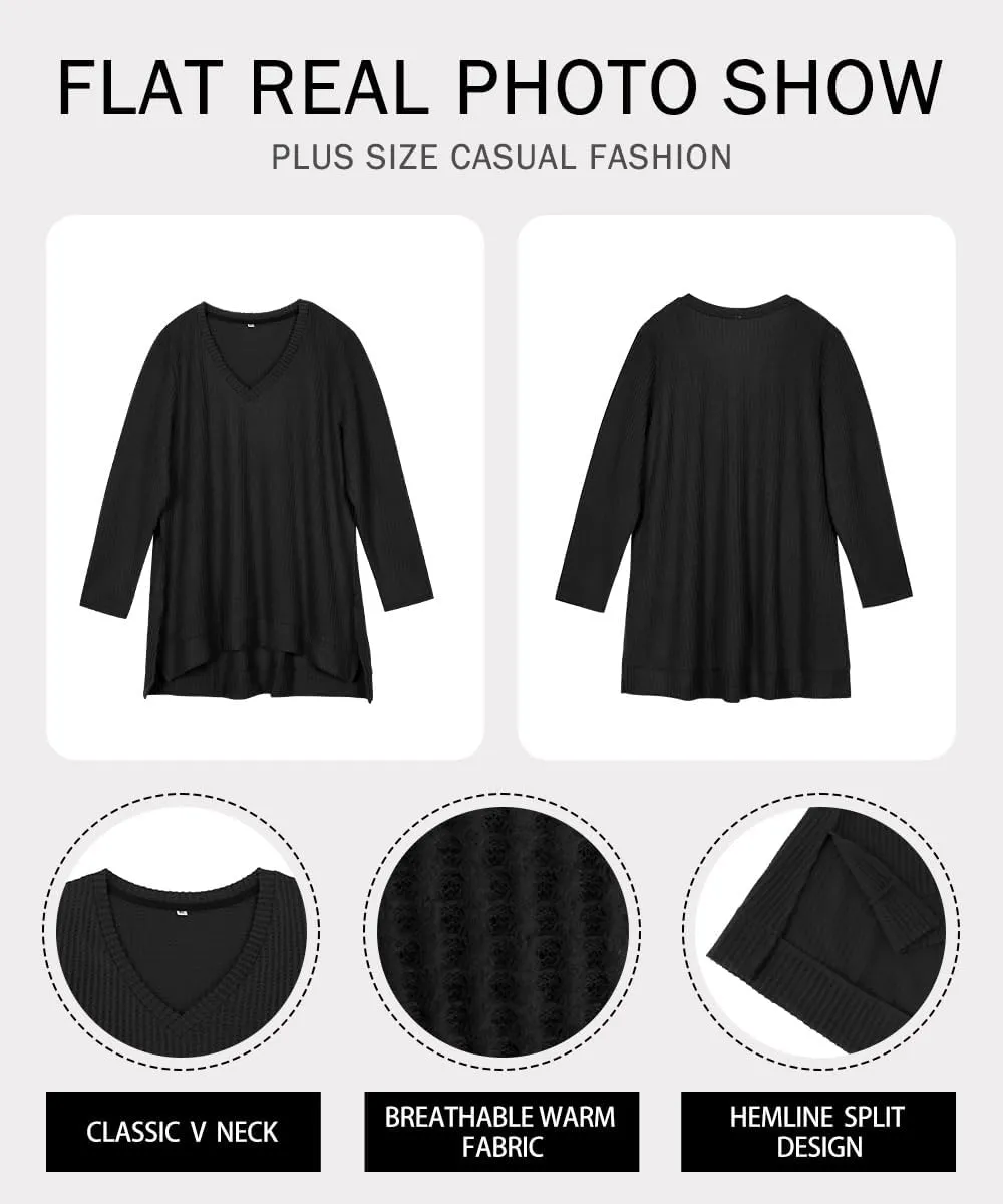 RITERA Plus Size Women Sweaters Waffle Knit Pullover Top Long Sleeve Casual Crewneck Shirt Loose Split Hem Fall Winter Blouse