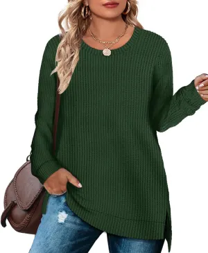 RITERA Plus Size Women Sweaters Waffle Knit Pullover Top Long Sleeve Casual Crewneck Shirt Loose Split Hem Fall Winter Blouse