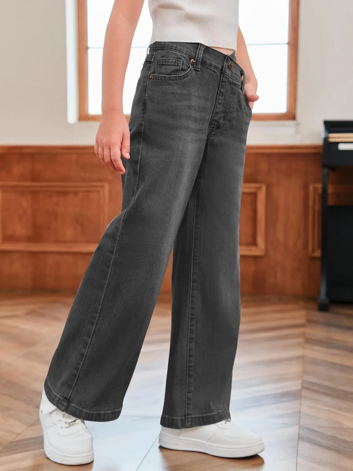 rrhss Girls Flare Jeans Crossover Waisted Wide Leg Jeans Denim Pants for Kids