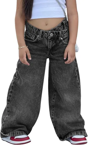 rrhss Girls Flare Jeans Crossover Waisted Wide Leg Jeans Denim Pants for Kids