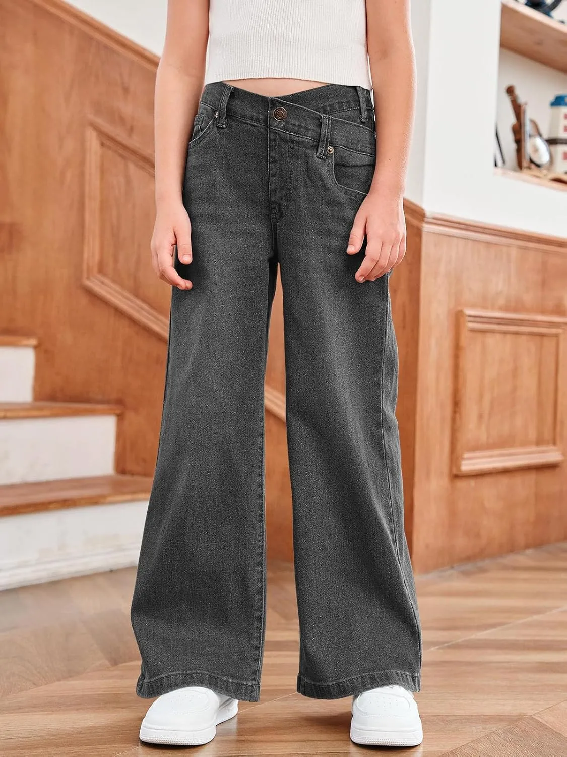 rrhss Girls Flare Jeans Crossover Waisted Wide Leg Jeans Denim Pants for Kids
