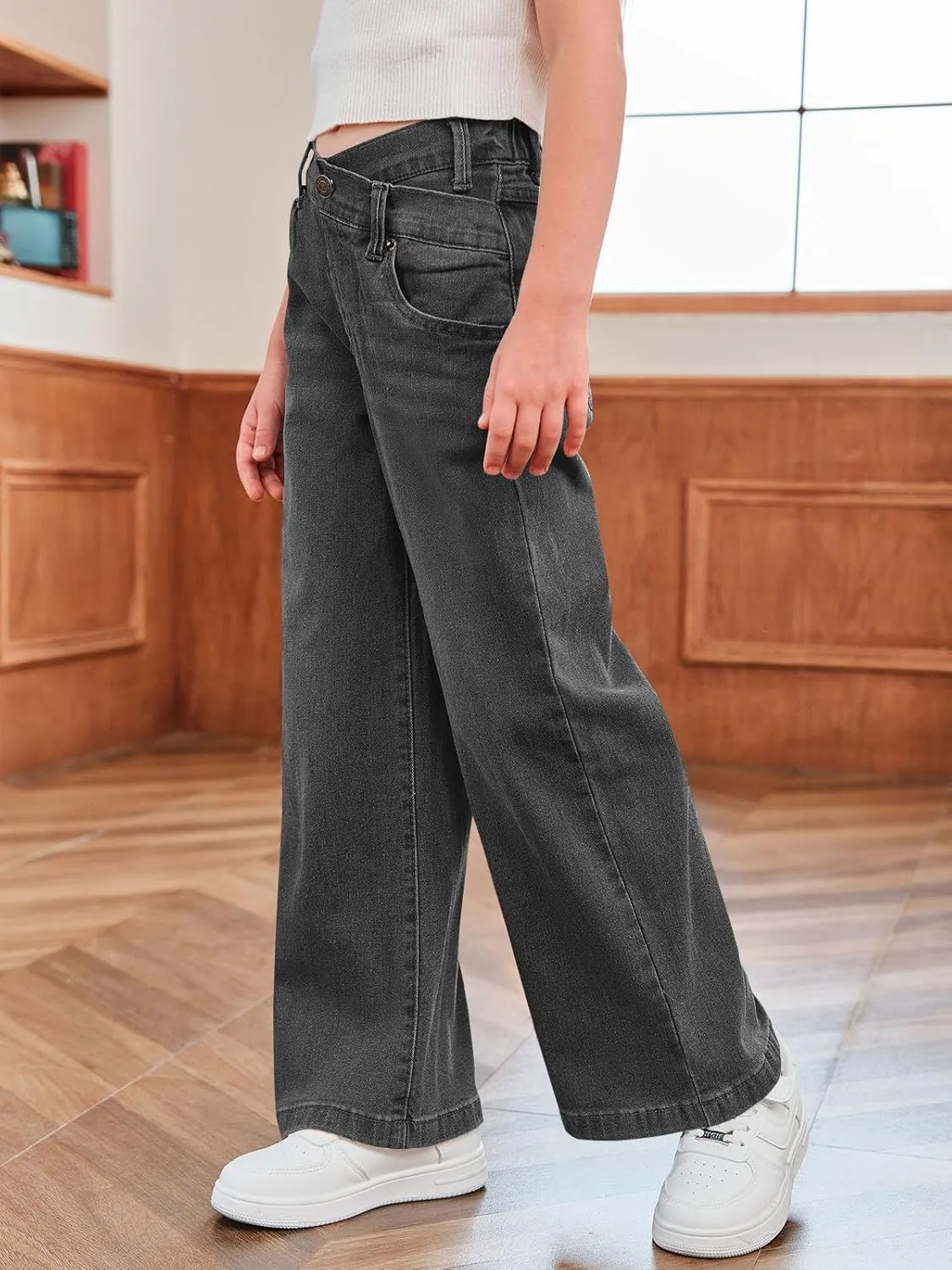 rrhss Girls Flare Jeans Crossover Waisted Wide Leg Jeans Denim Pants for Kids