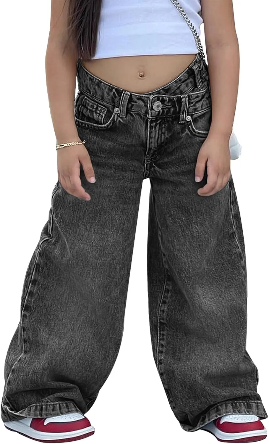 rrhss Girls Flare Jeans Crossover Waisted Wide Leg Jeans Denim Pants for Kids