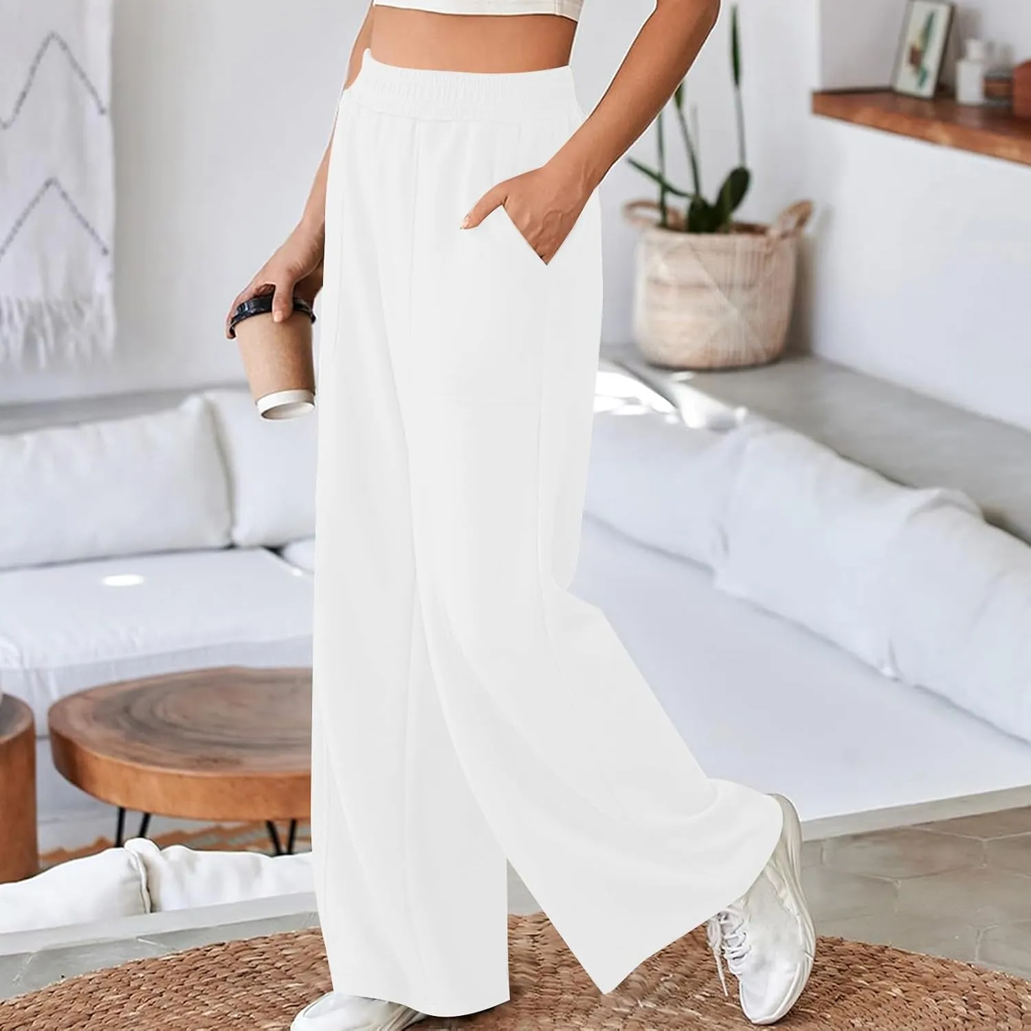 Ruziyoog Womens Wide Leg Sweatpants Casual Loose Solid Color Pants Comfy Lounge Joggers Baggy Lounge Trousers with Pockets