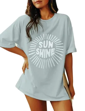 SAFRISIOR Women Oversized Sunshine Letter Sun Print Graphic T-Shirt Crewneck Short Sleeve Loose Tee Casual Shirt Top Summer