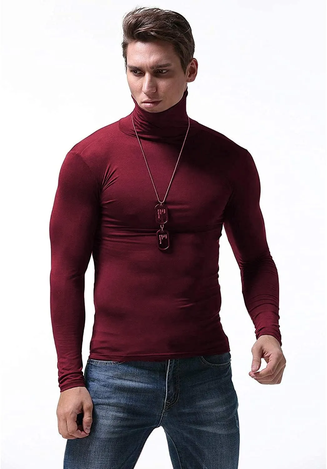 SALNIER Men Basic Turtleneck Slim Fit Long Sleeve Pullover Top Solid Thermal Knitted T Shirt Sweaters Soft Lightweight Shirt