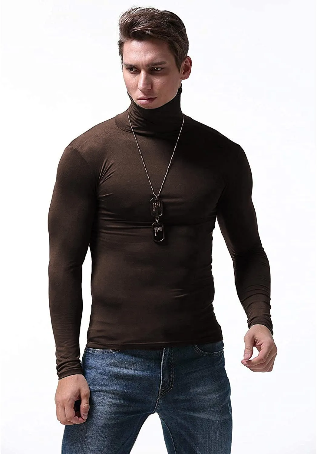 SALNIER Men Basic Turtleneck Slim Fit Long Sleeve Pullover Top Solid Thermal Knitted T Shirt Sweaters Soft Lightweight Shirt