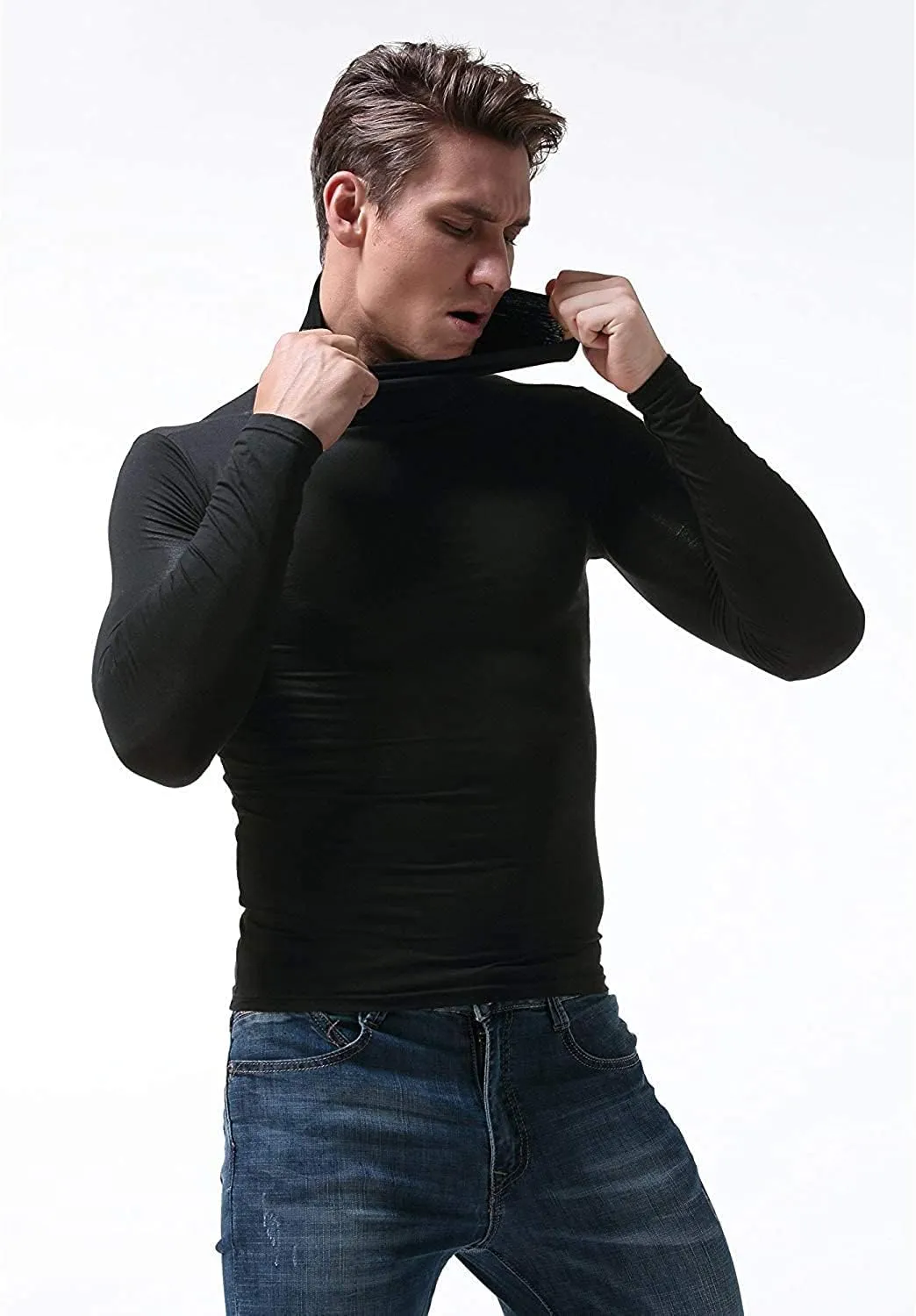 SALNIER Men Basic Turtleneck Slim Fit Long Sleeve Pullover Top Solid Thermal Knitted T Shirt Sweaters Soft Lightweight Shirt
