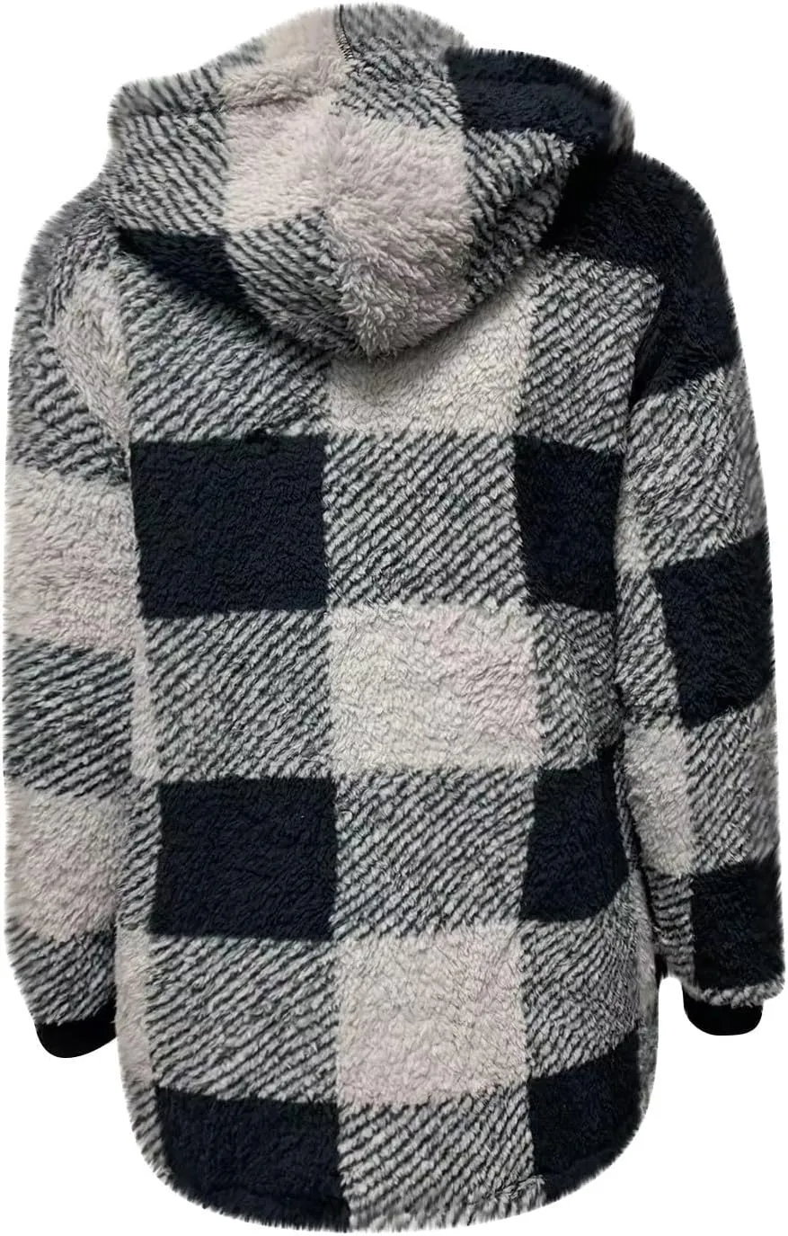 Sherpa Fleece Jacket Women Full Zip Up Plus Size Plaid Shacket Oversized Hooded Sweatshirt Trendy Winter Coat Outwear