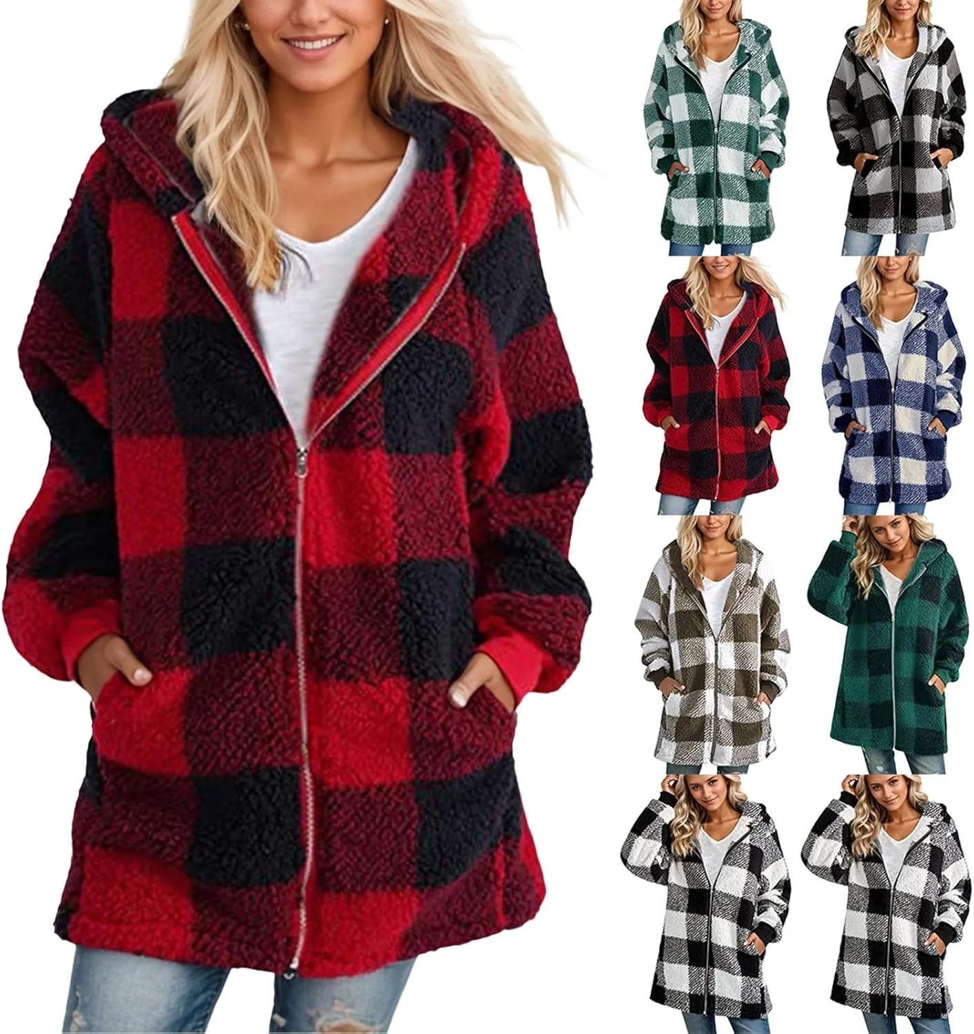 Sherpa Fleece Jacket Women Full Zip Up Plus Size Plaid Shacket Oversized Hooded Sweatshirt Trendy Winter Coat Outwear