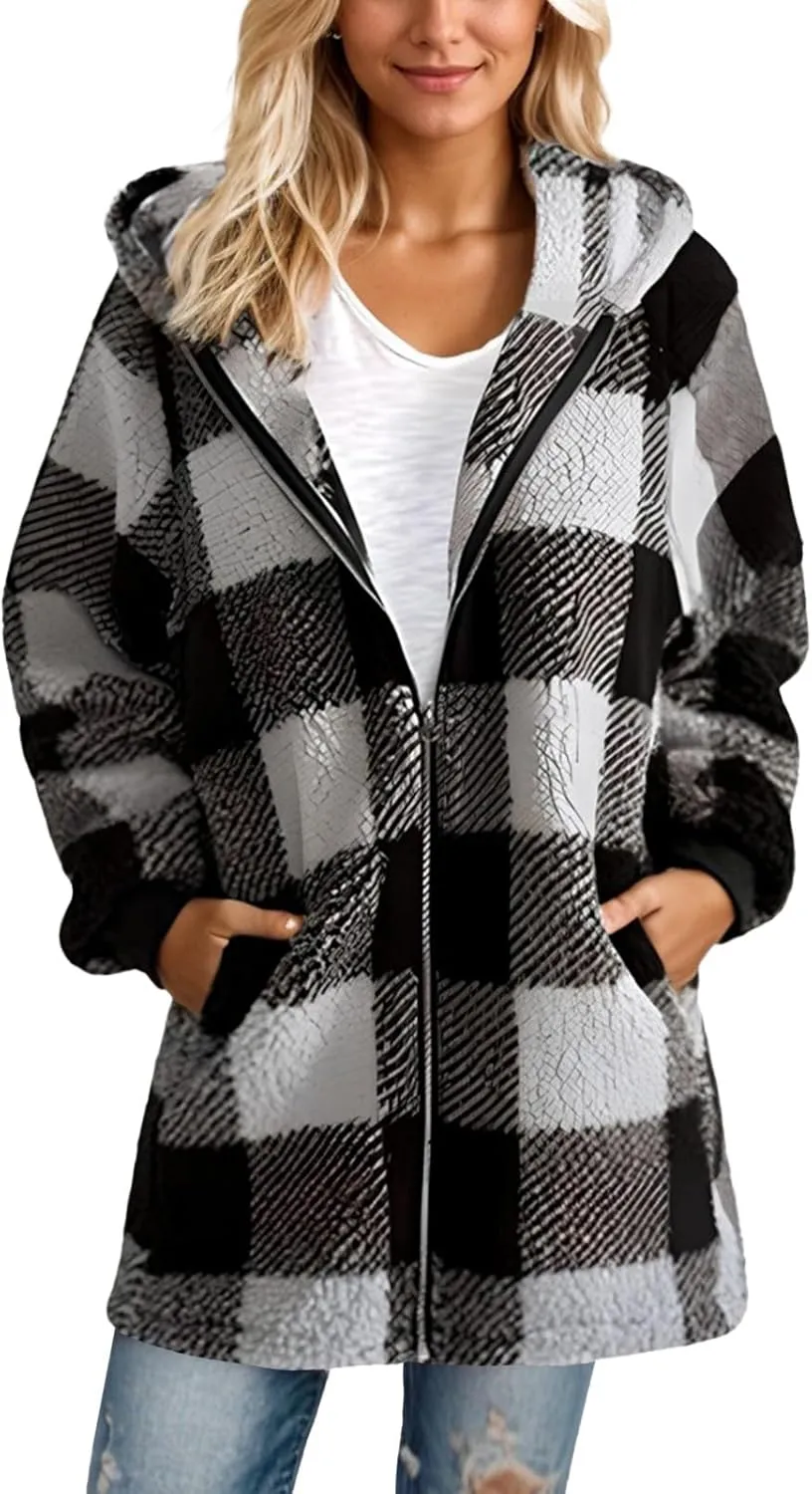 Sherpa Fleece Jacket Women Full Zip Up Plus Size Plaid Shacket Oversized Hooded Sweatshirt Trendy Winter Coat Outwear