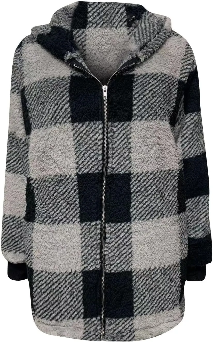 Sherpa Fleece Jacket Women Full Zip Up Plus Size Plaid Shacket Oversized Hooded Sweatshirt Trendy Winter Coat Outwear